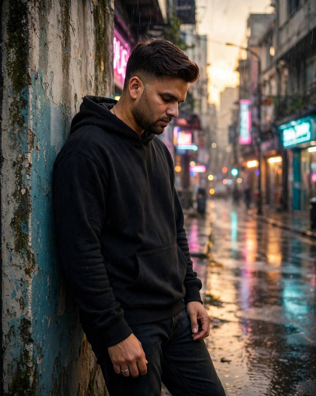 Young Indian man in black oversized hoodie leaning against a weathered wall on a rain-soaked neon-lit city street at golden hour