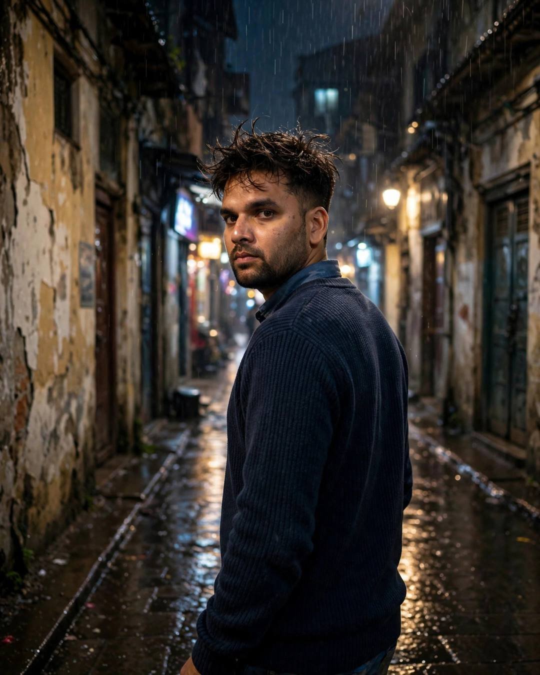 Young Indian man in navy sweater walking away down a rainy narrow old-city lane with peeling walls at midnight