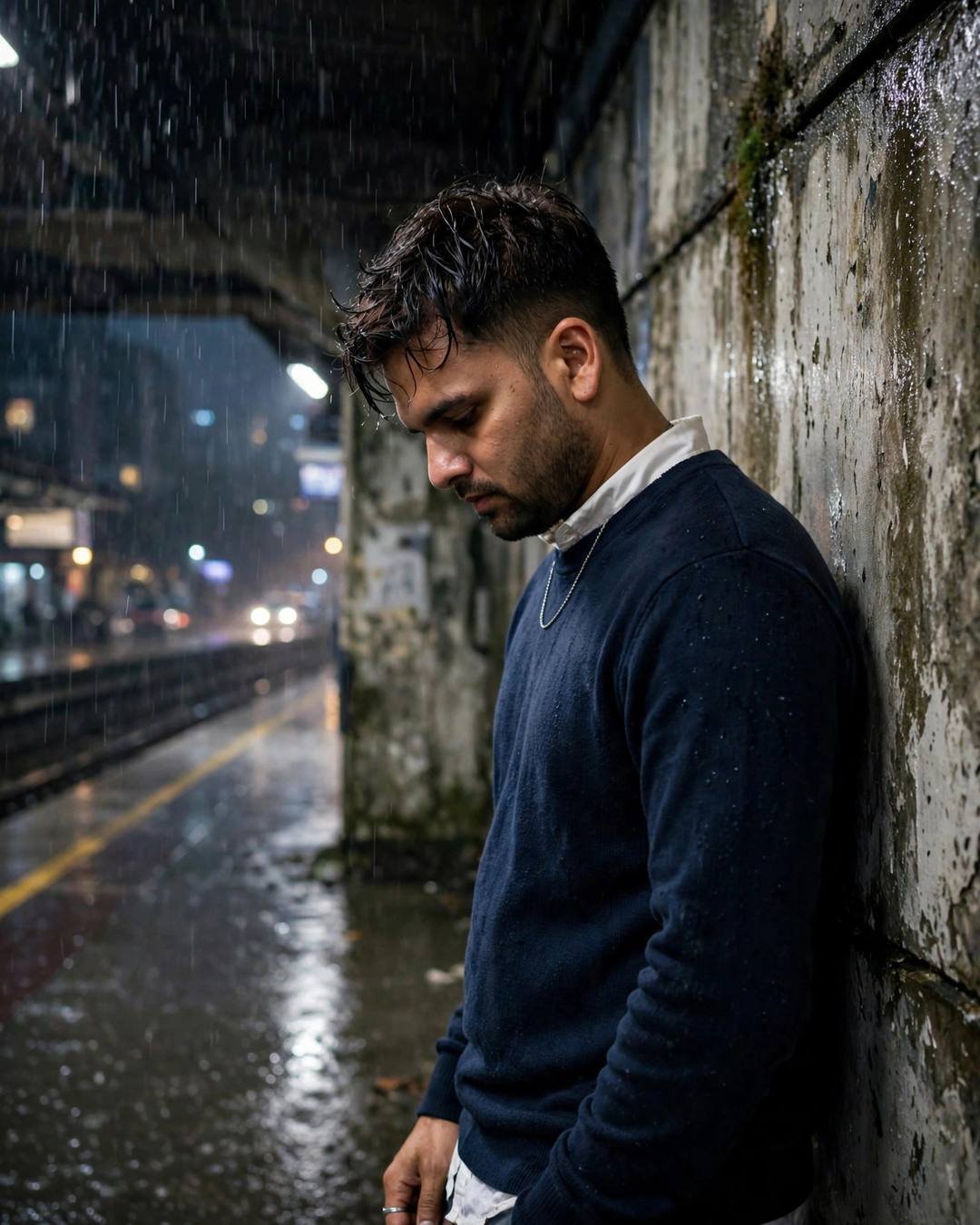 Young Indian man in navy sweater leaning against a weathered wall at a rainy midnight metro station, head bowed