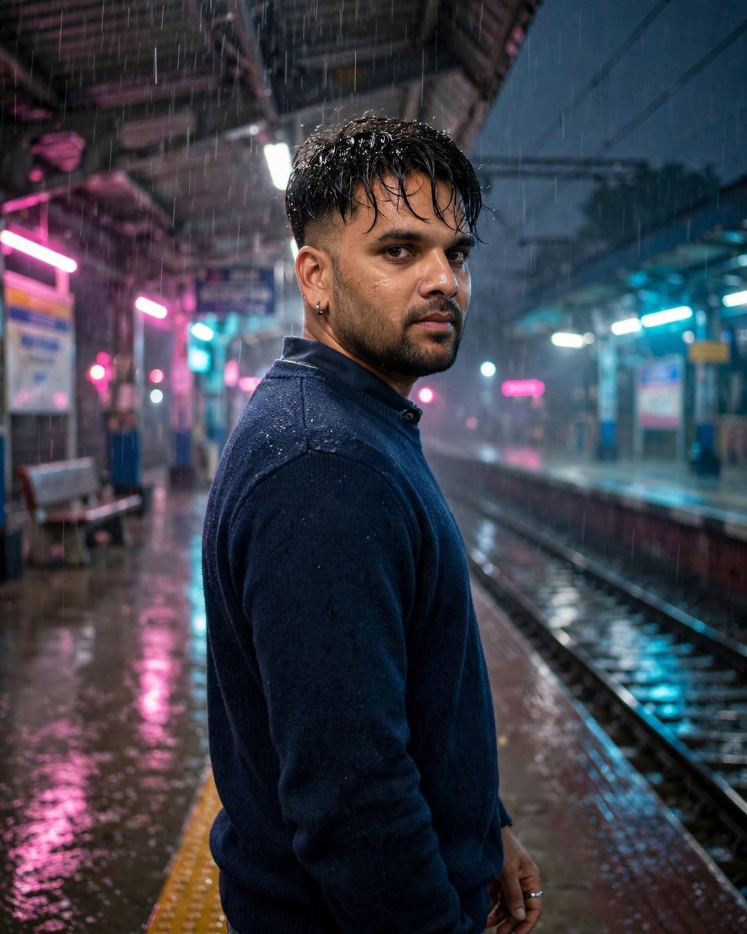 Young Indian man in navy sweater on an empty railway platform at night looking over his shoulder, neon pink and cyan drizzle