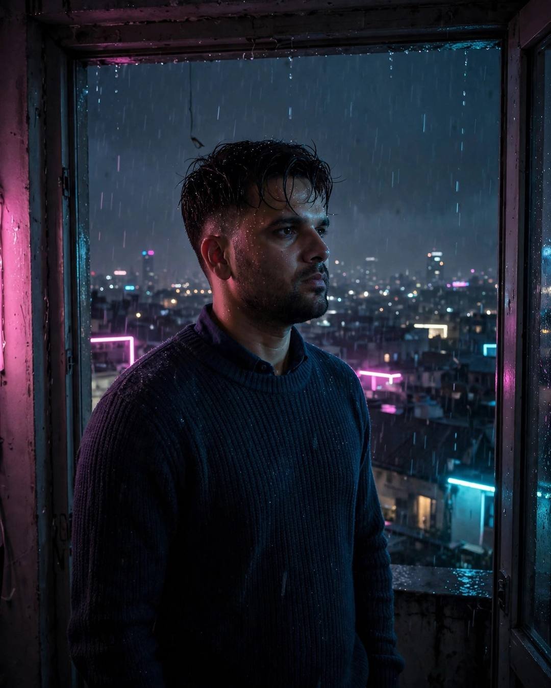 Young Indian man in navy sweater standing in a rain-washed doorway overlooking neon-lit city lights at night