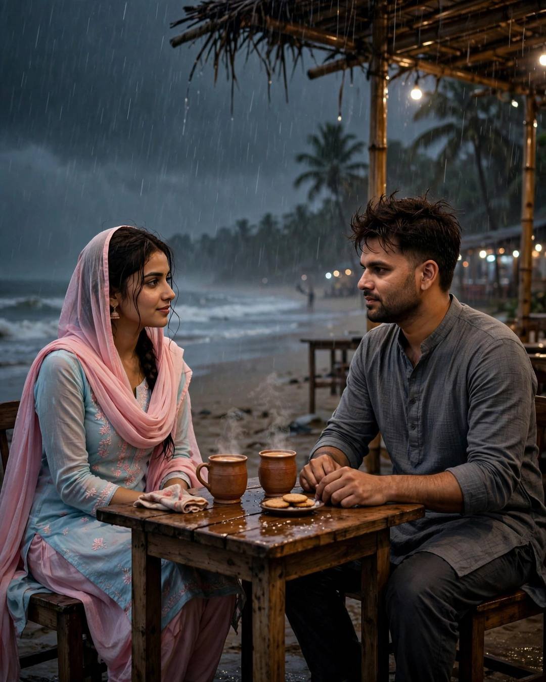 Couple sharing chai at a beach shack table in monsoon rain, gazing at each other