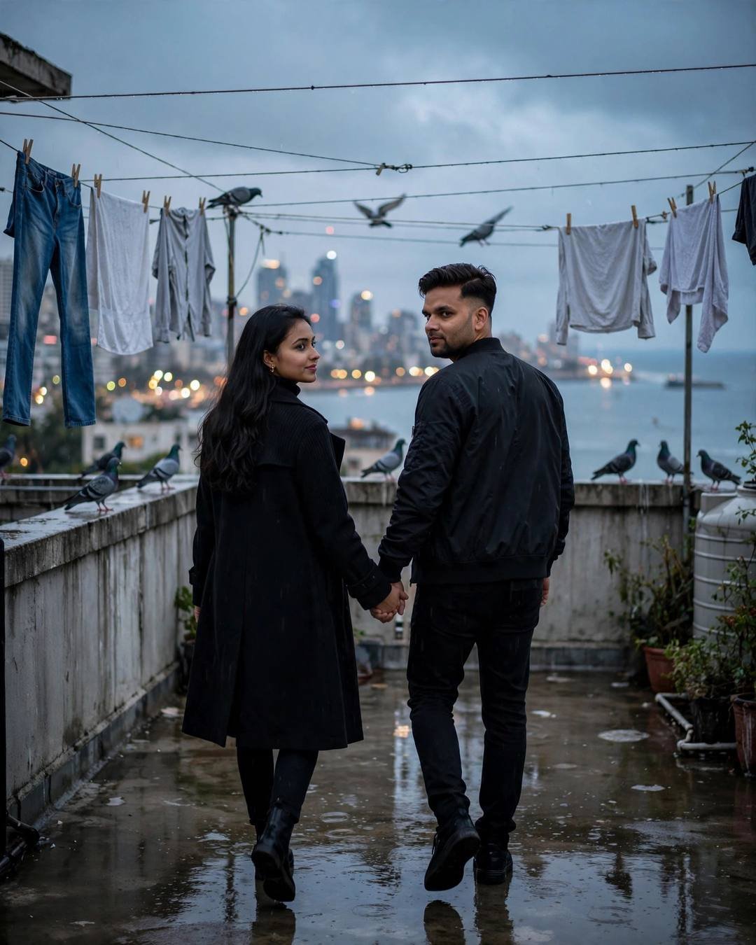 Couple walking hand in hand across a rain-wet terrace toward a glowing city, looking back