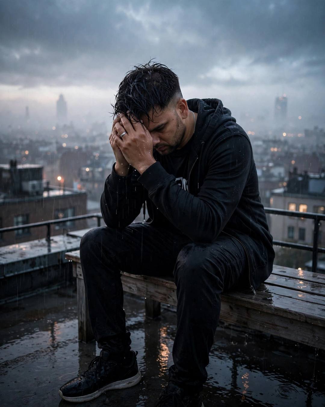 Man in all-black streetwear sitting bowed over on a rain-wet rooftop bench above a fogged city