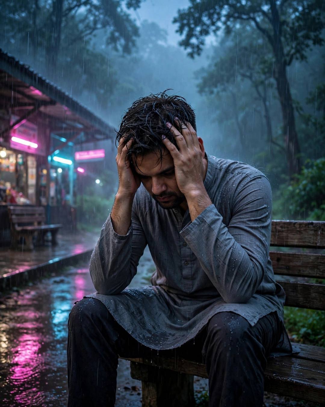 Man in grey kurta sitting bowed on a bench in monsoon rain with neon pink and cyan shop lights behind