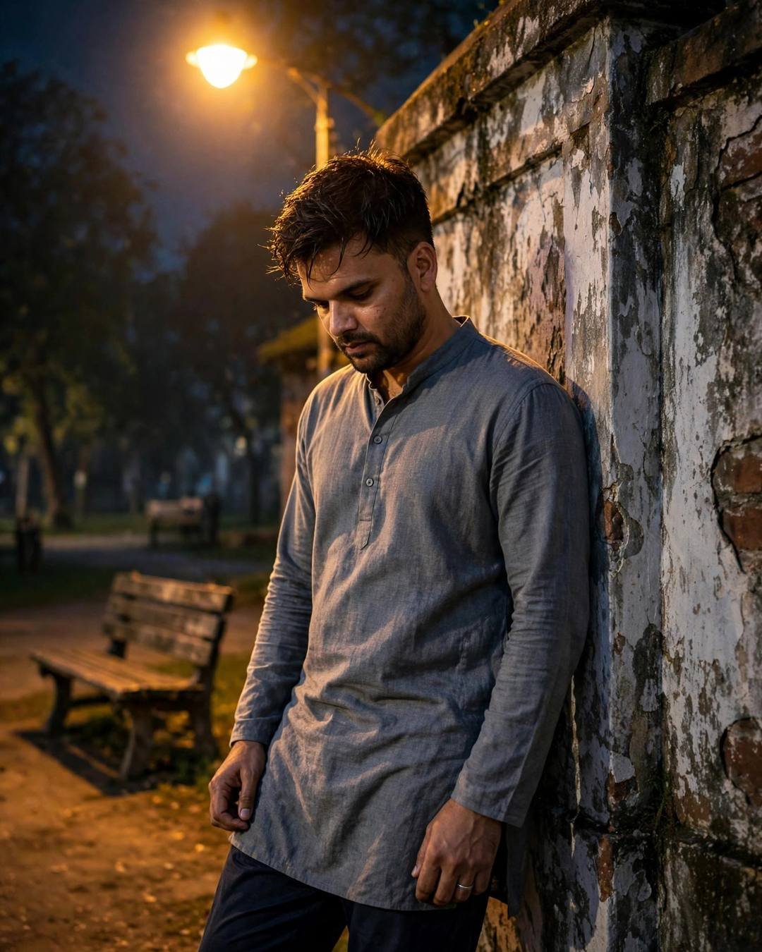 Man in grey kurta leaning against a weathered park wall under a sodium streetlamp at night