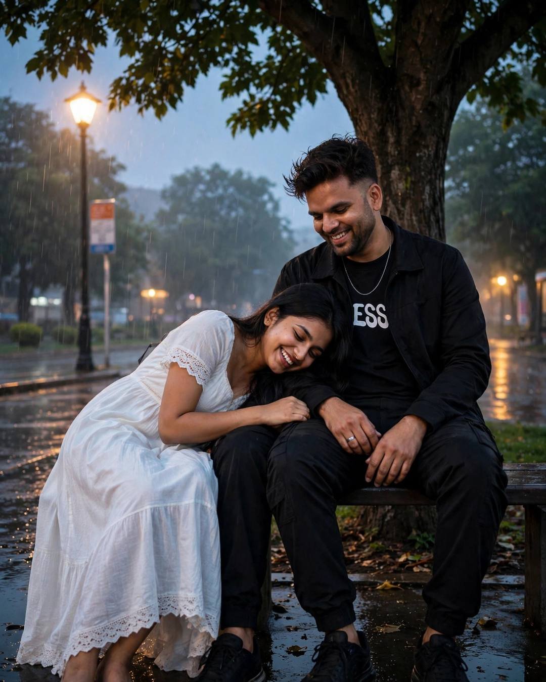 A young couple laughs softly under a tree at a rain-soaked bus stop at night — she rests her head on his shoulder in a white dress while he wears black streetwear.