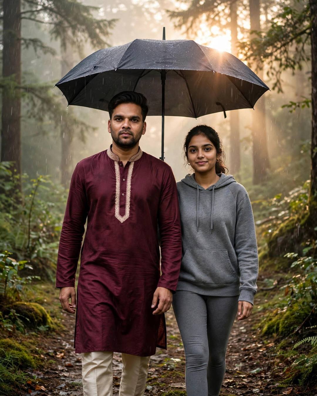 A young Indian couple walks side by side under one black umbrella on a misty forest path at dawn — he in a maroon kurta, she in a grey hoodie, golden light flaring through the rain.