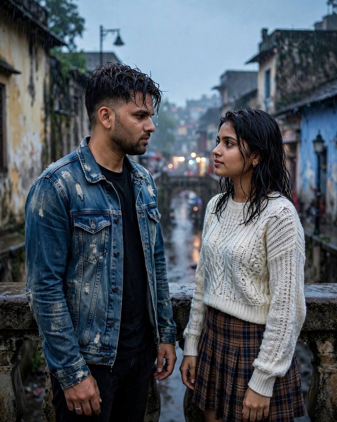 A young couple stands face to face on a rain-soaked bridge at blue hour — he in a distressed denim jacket, she in a cream knit top — the blurred old city glowing behind them.