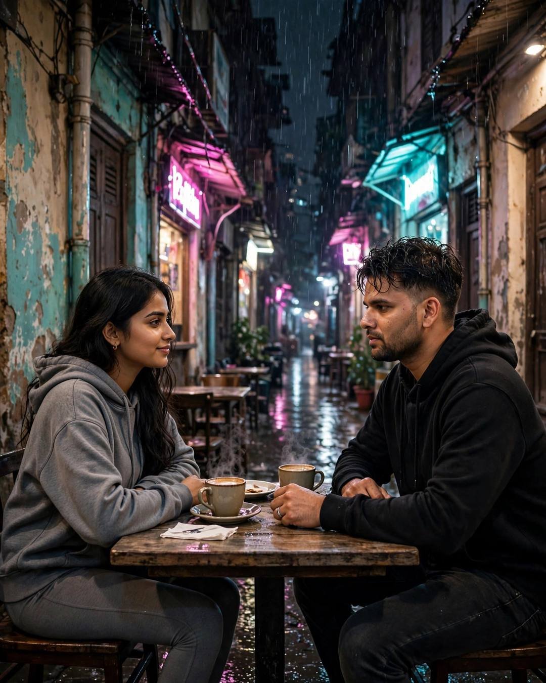 A young couple sits across a small cafe table in a neon-lit old-city lane at midnight — steaming coffees between them, hands almost touching, rain falling around the glowing signs.
