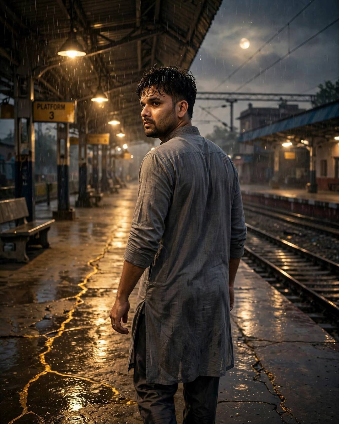 Young Indian man in a grey kurta walking away along a rain-wet railway platform at night, glancing back under golden lamps