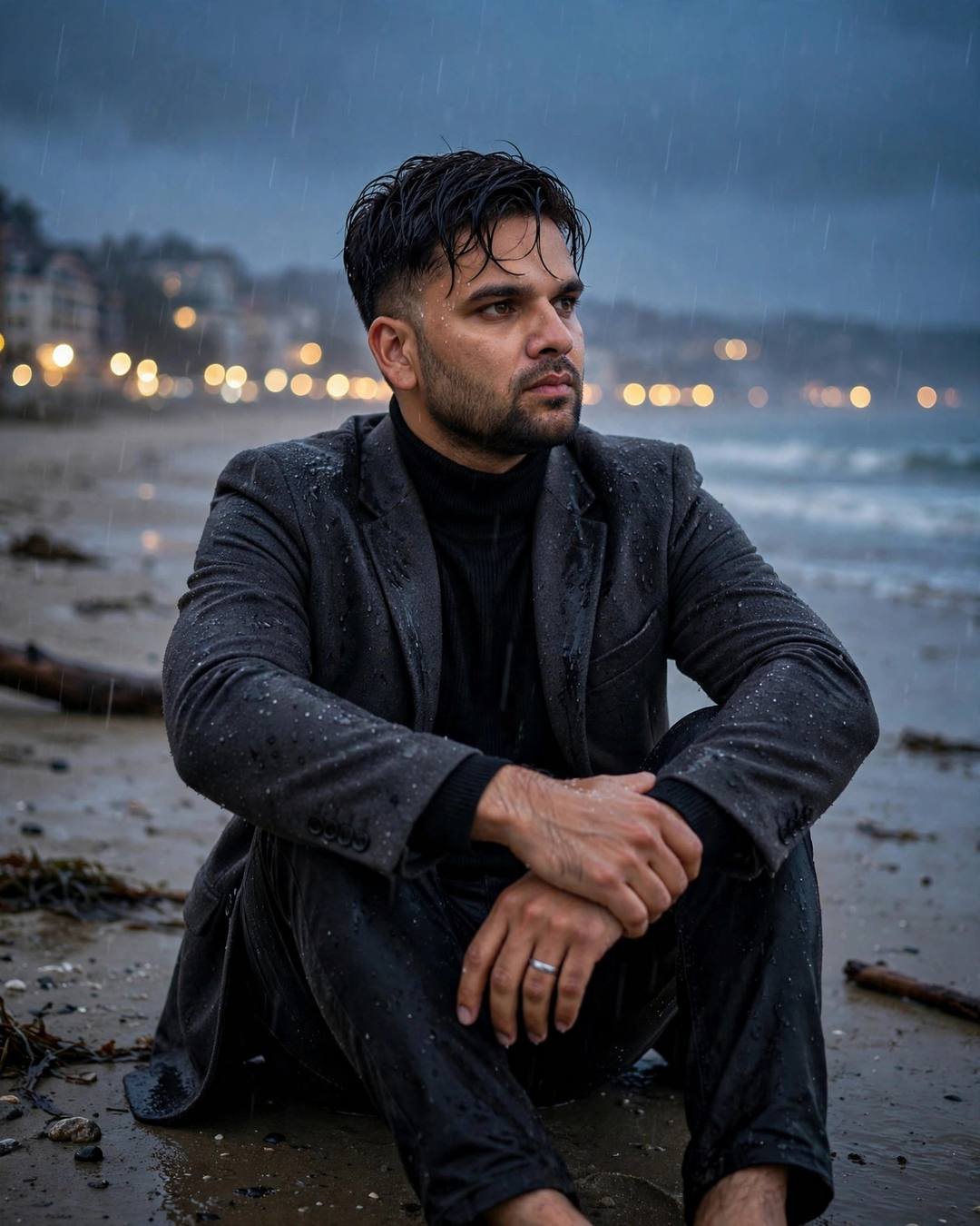Young Indian man alone on a drizzly beach at dusk, knees drawn up