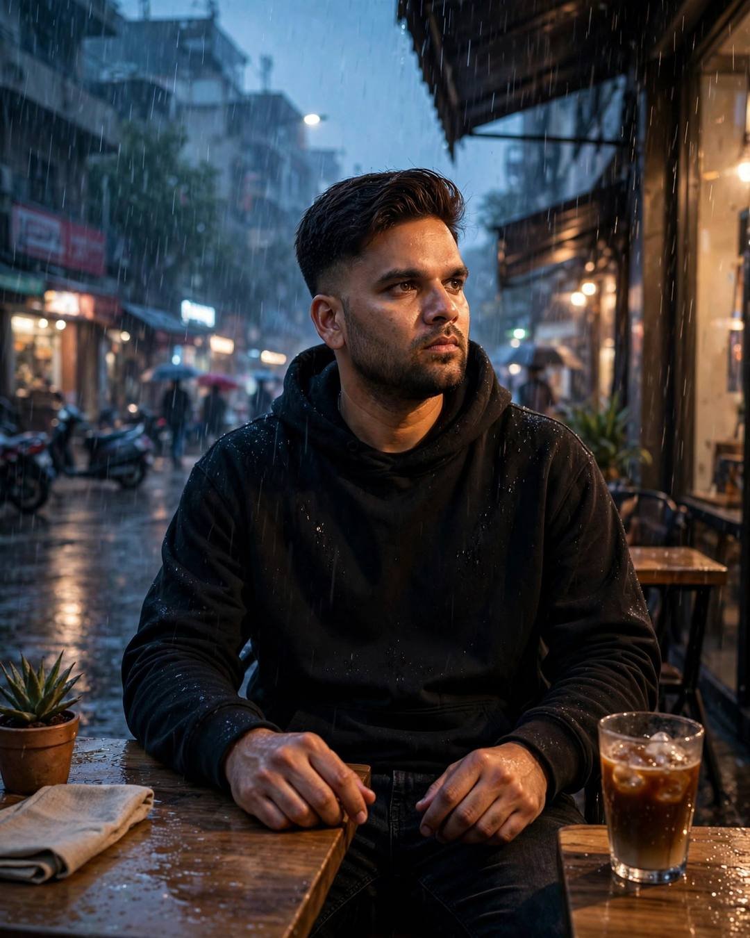 Young Indian man in black hoodie with cold coffee as monsoon rain falls outside