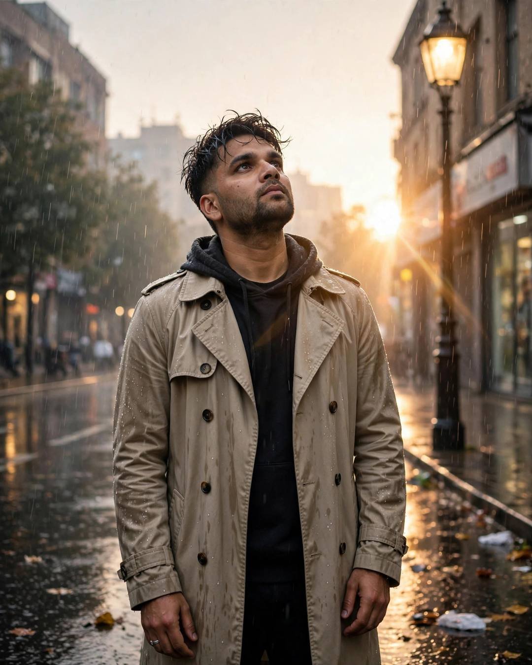 Young Indian man in trench coat standing in rain under a streetlamp at dawn