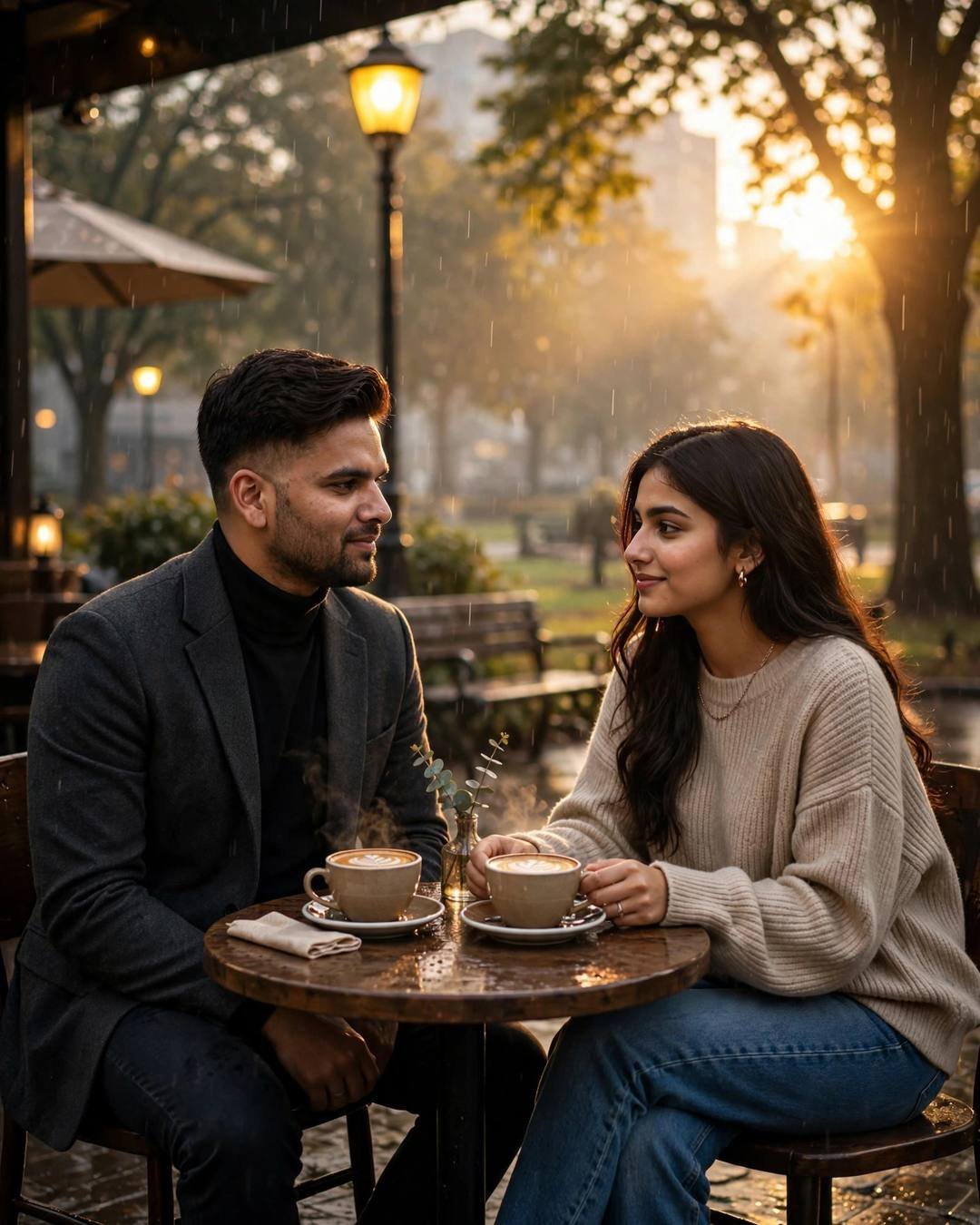 Couple sharing cappuccinos at a rain-wet café terrace table in golden-hour light