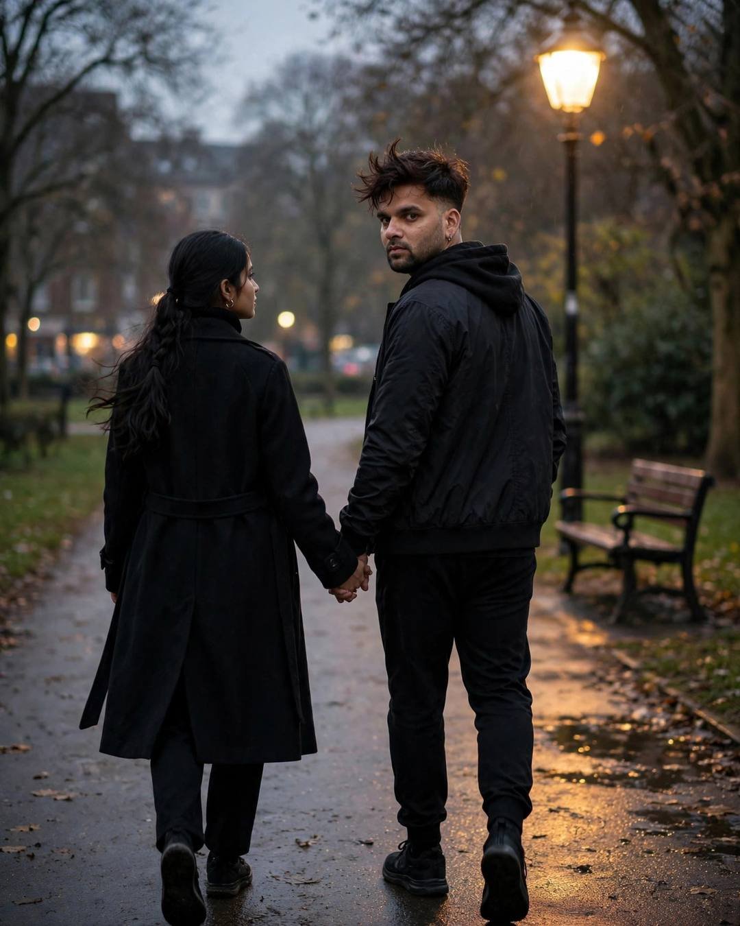 Couple walking hand in hand down a wet park path under a streetlamp, looking back