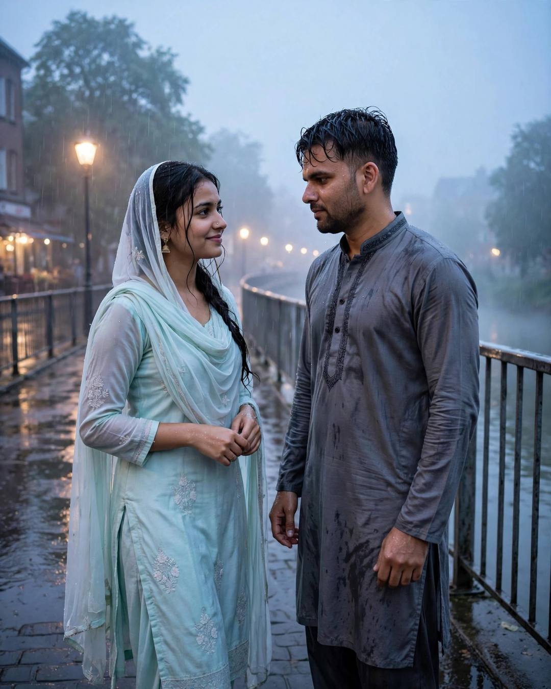 Couple standing face to face on a rain-wet bridge over a river, streetlamps glowing through mist