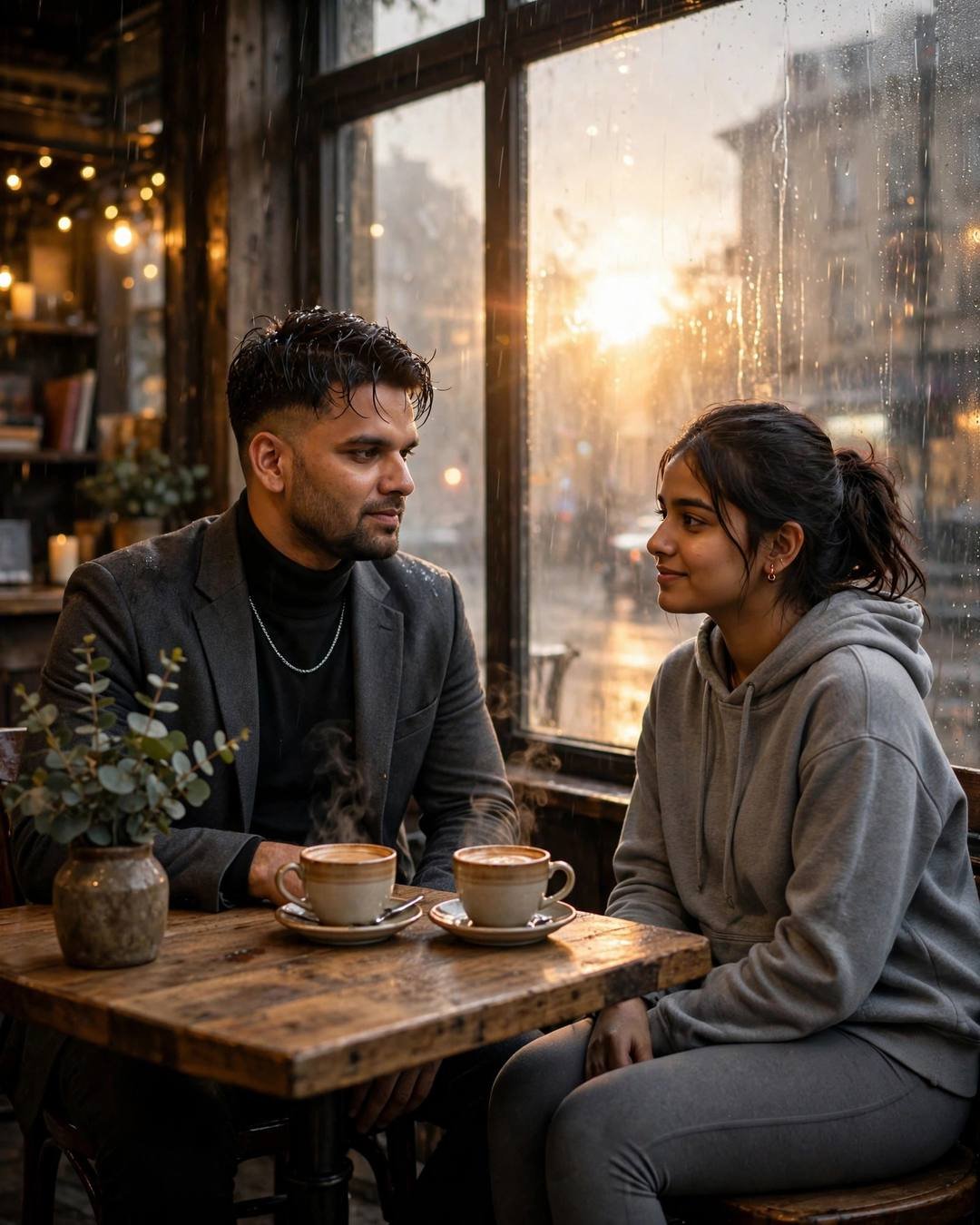 Couple sharing cappuccinos at an old café window table, rain on glass, golden sun outside