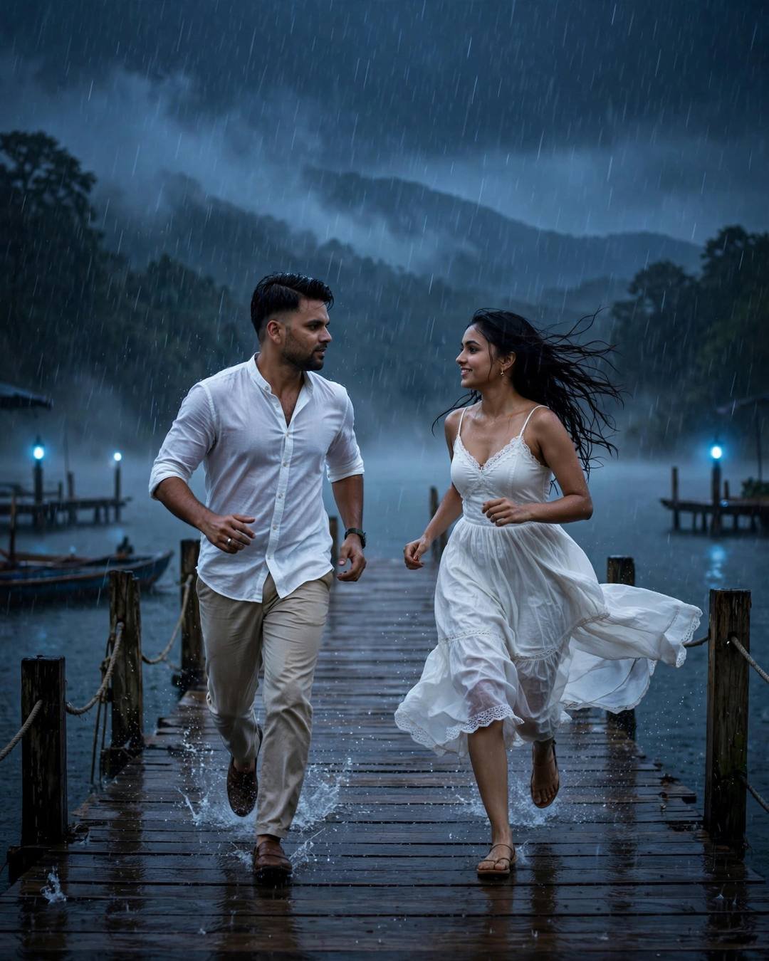 Couple running toward each other laughing on a rain-soaked lake pier at midnight, white linen shirt and white dress, monsoon rain