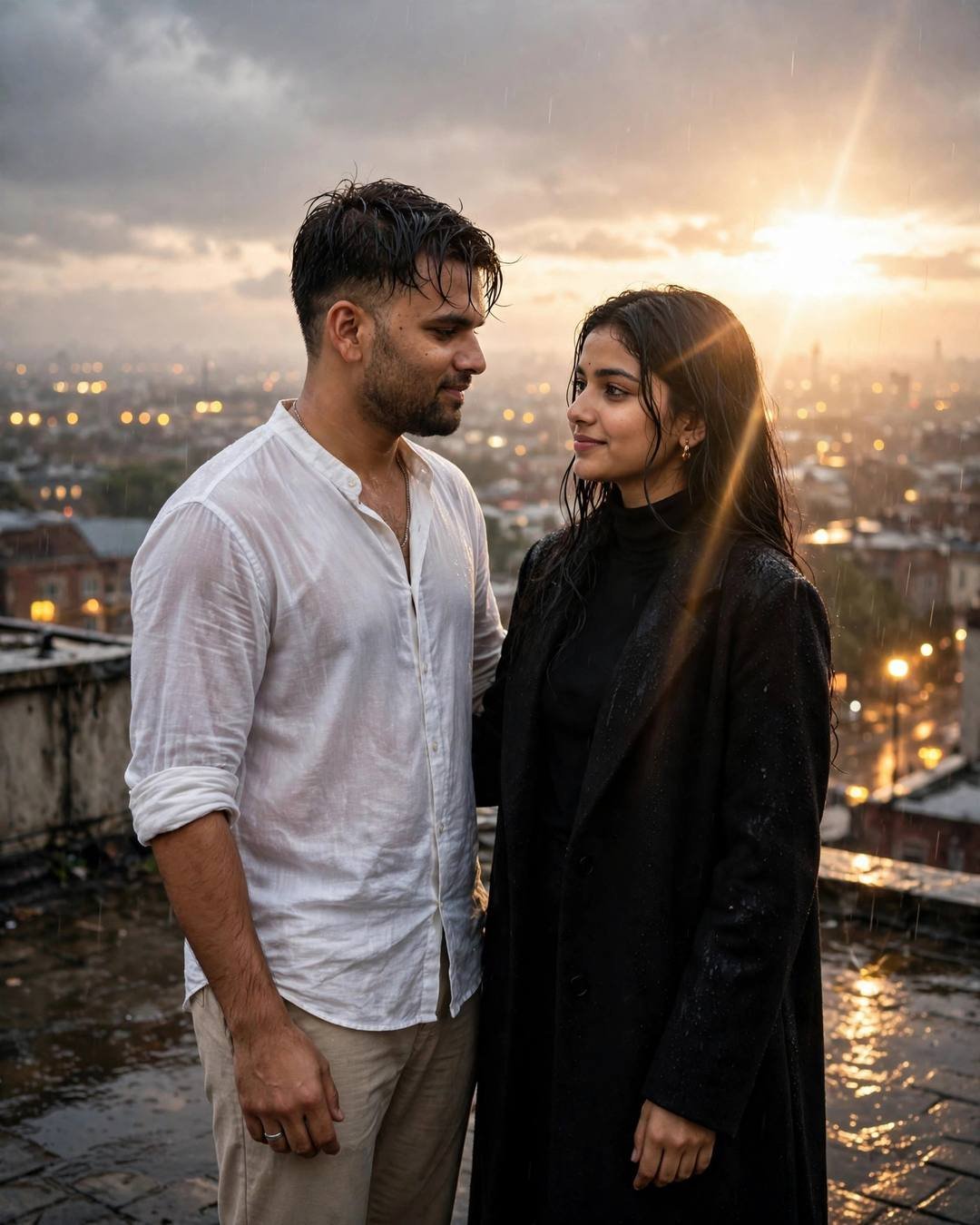 Couple slow-dancing on a drizzly rooftop at golden hour, white linen shirt and black coat, lens flare and city lights