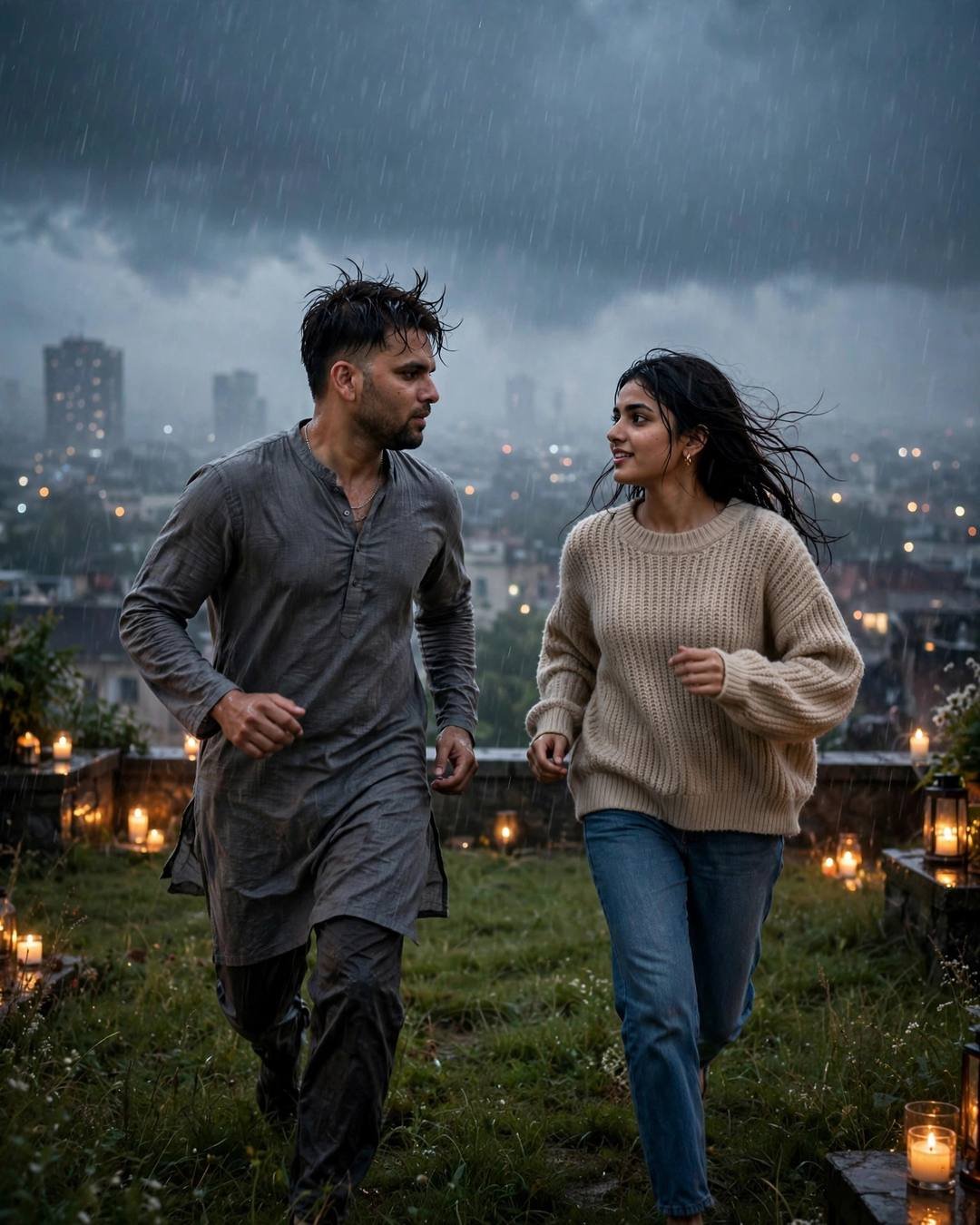 Couple running toward each other on a rain-soaked rooftop at dawn, grey kurta and beige sweater, candles in the monsoon rain