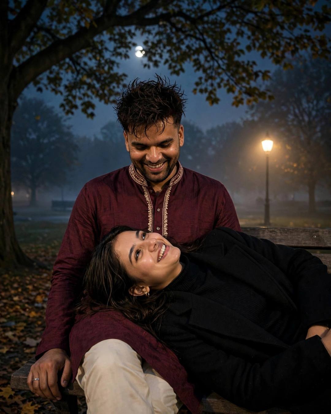Couple laughing softly on a moonlit park bench at night, her head in his lap, maroon kurta and black coat