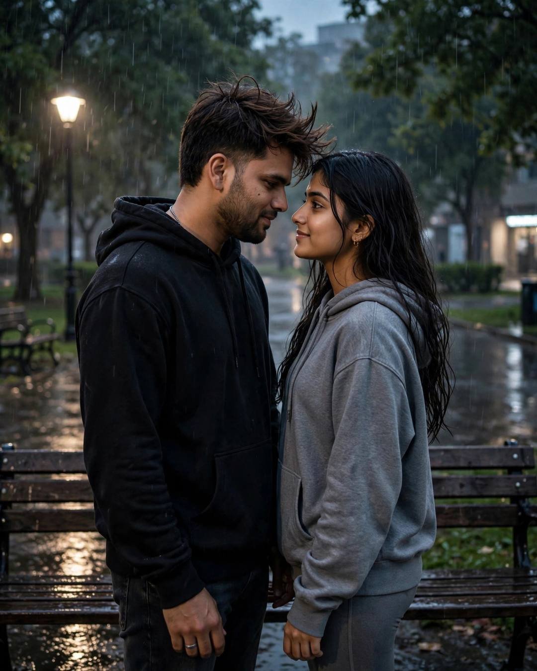 Couple standing forehead to almost-forehead under a park lamp in midnight drizzle, black and grey hoodies