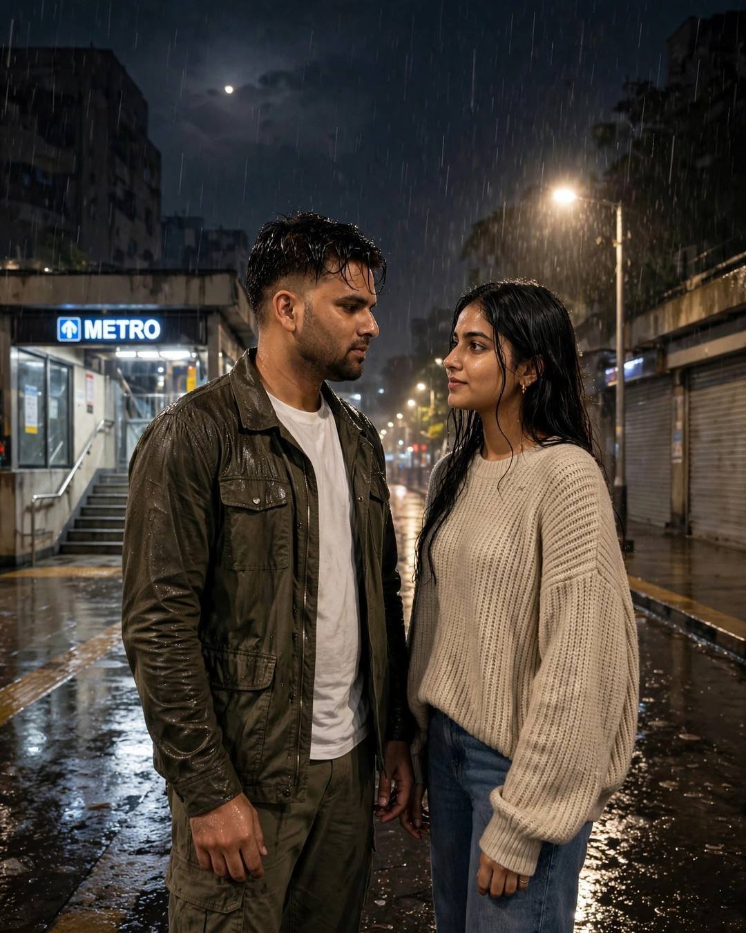 Couple gazing at each other on a rainy street by a metro station at night, olive field jacket and beige sweater, moon above