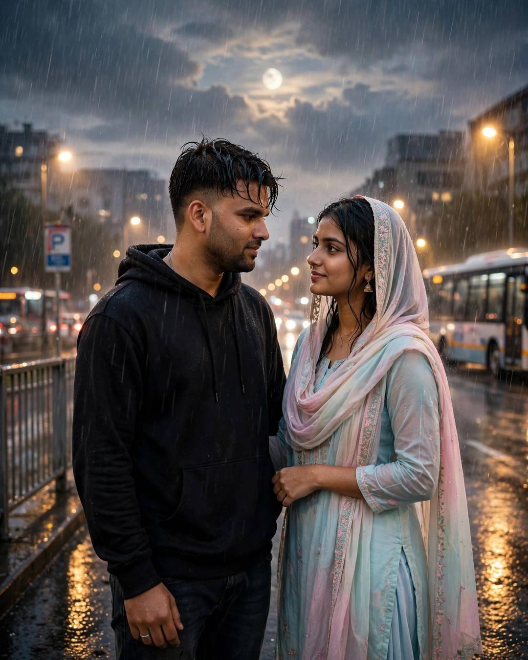 Couple gazing at each other in monsoon rain at a bus stop, black hoodie and pastel salwar-kameez with dupatta, moon through cloud