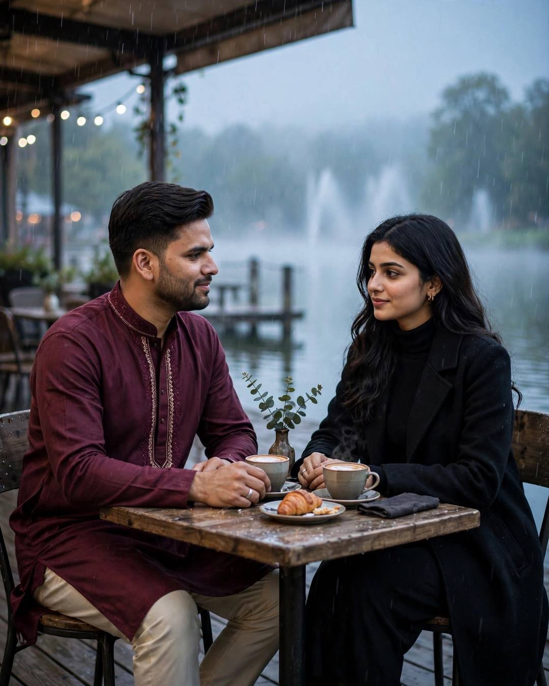 Couple gazing across a cafe table in light rain, hands almost touching over coffee, maroon kurta and black coat, lake behind