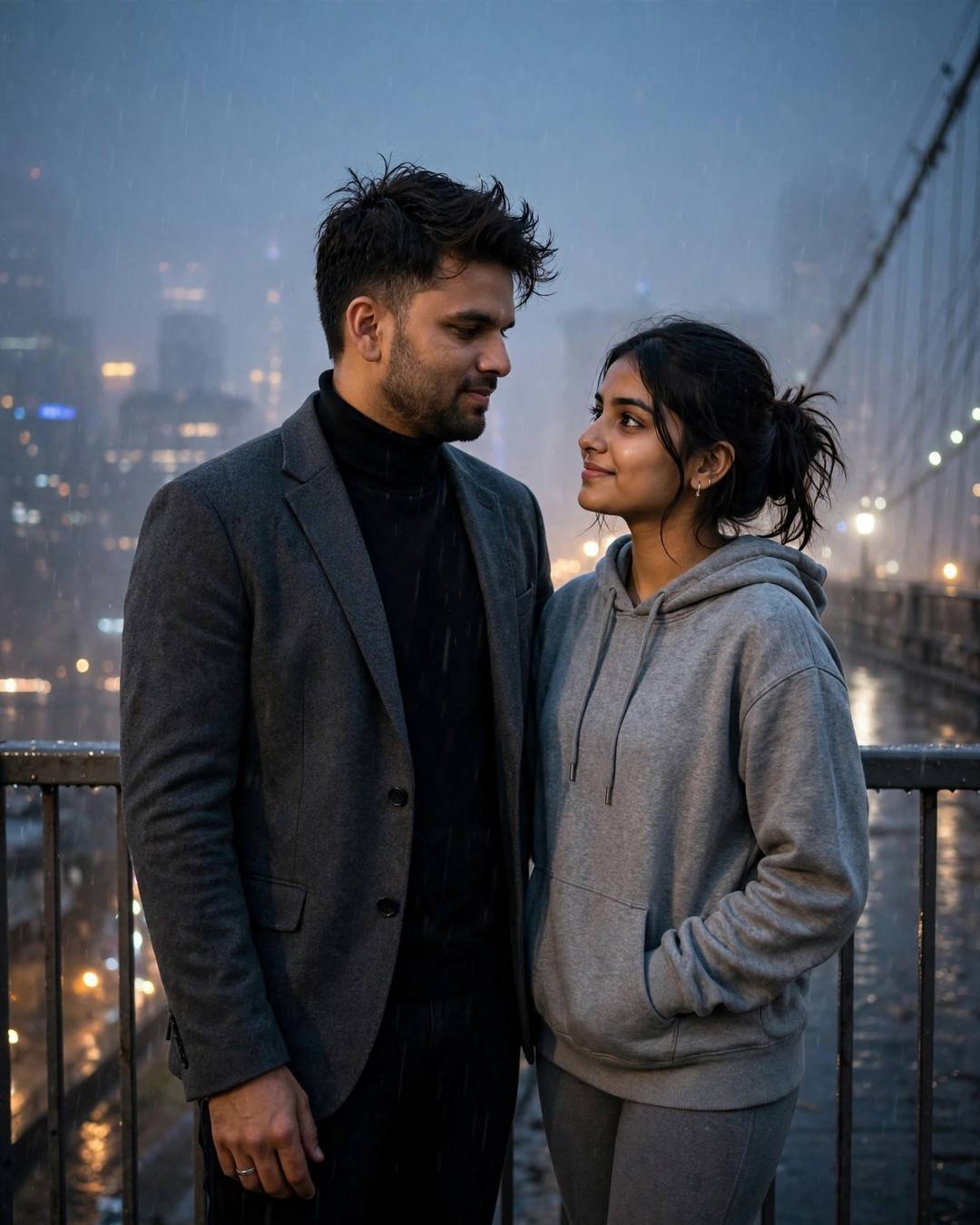 Couple gazing at each other on a foggy bridge at night, charcoal blazer and grey hoodie, city lights blurring
