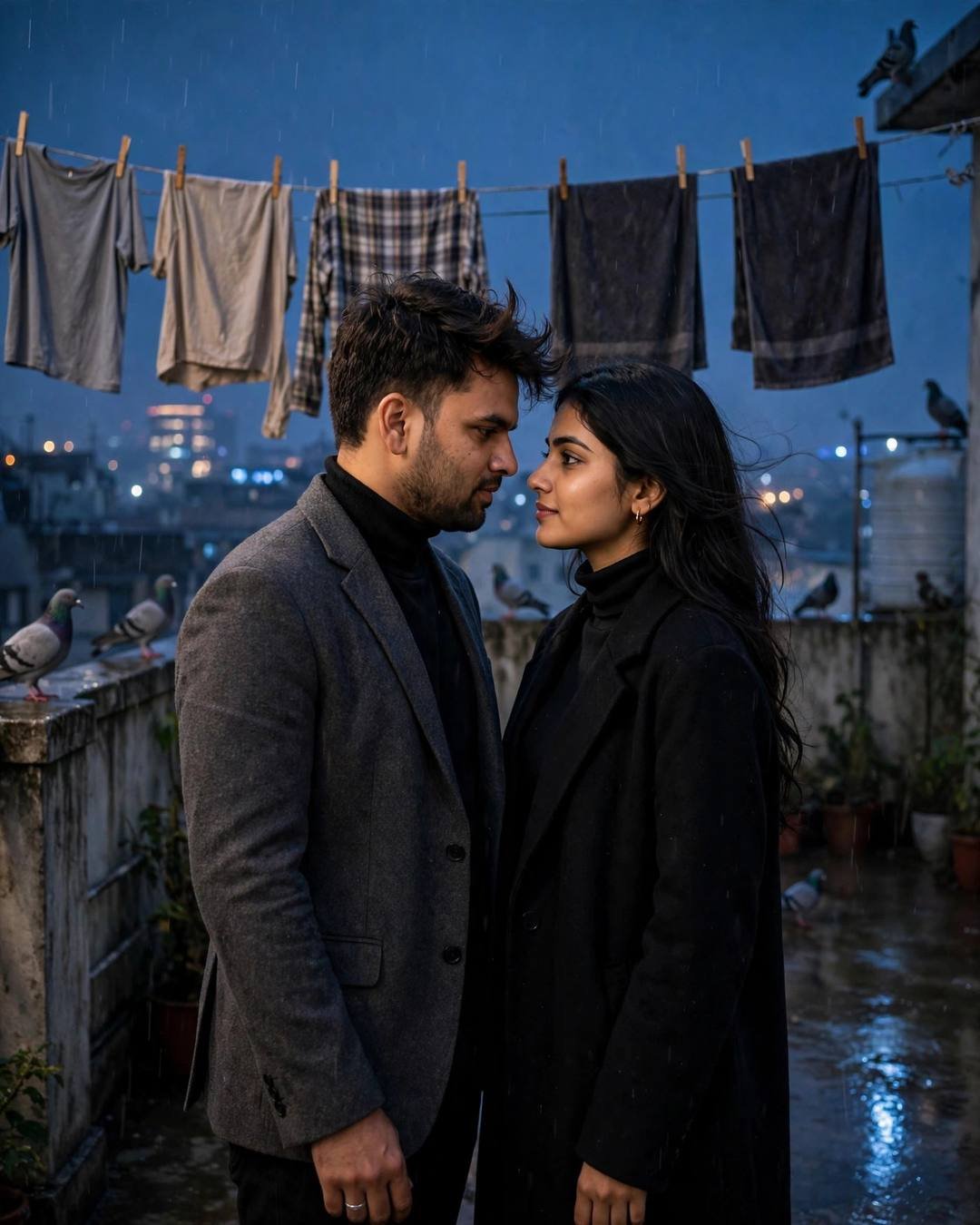 Couple with foreheads almost touching on a terrace at blue hour, charcoal blazer and black coat, clothes lines and pigeons