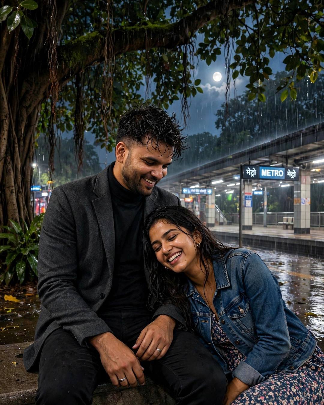 Couple laughing softly under a banyan tree at a midnight metro station, charcoal blazer and denim jacket, moonlit rain