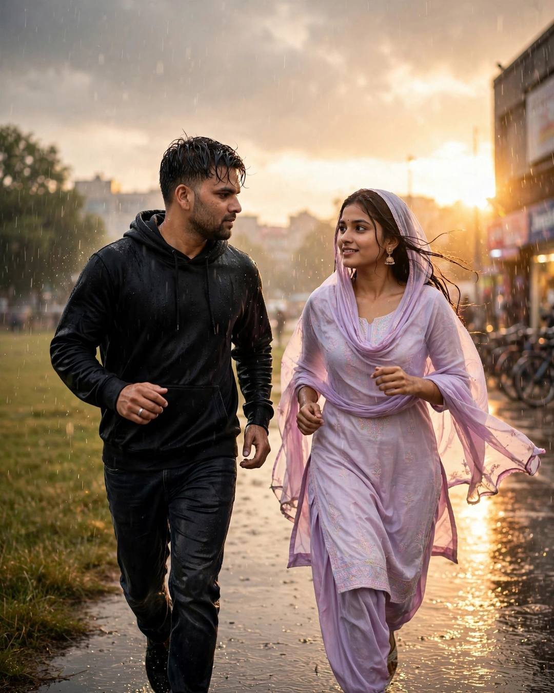 Couple running side by side on a rain-soaked street at golden hour, black hoodie and lavender salwar-kameez, exchanging a look