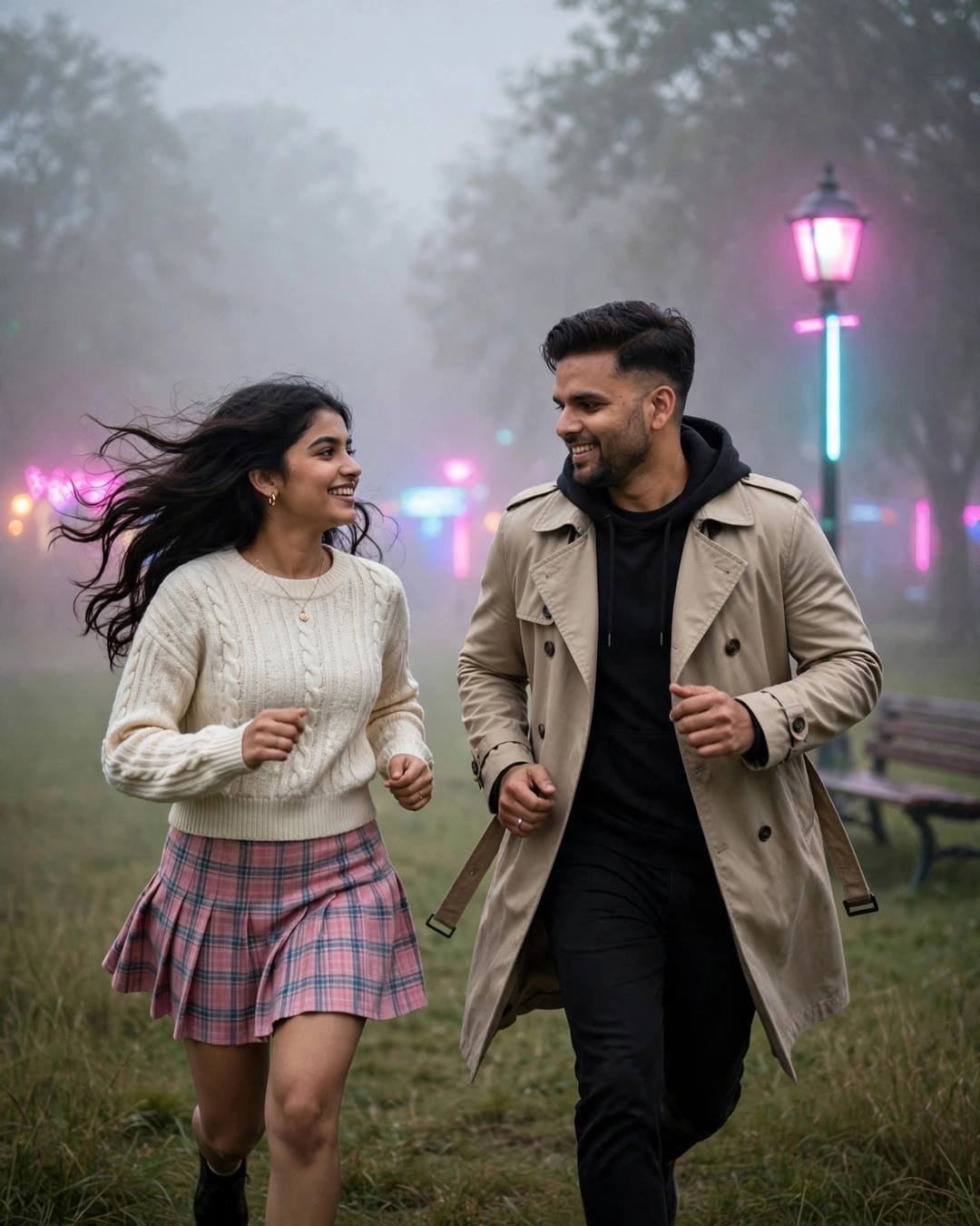 Couple running laughing through a foggy park with neon pink and cyan lamps, beige trench coat and cream knit top with plaid skirt