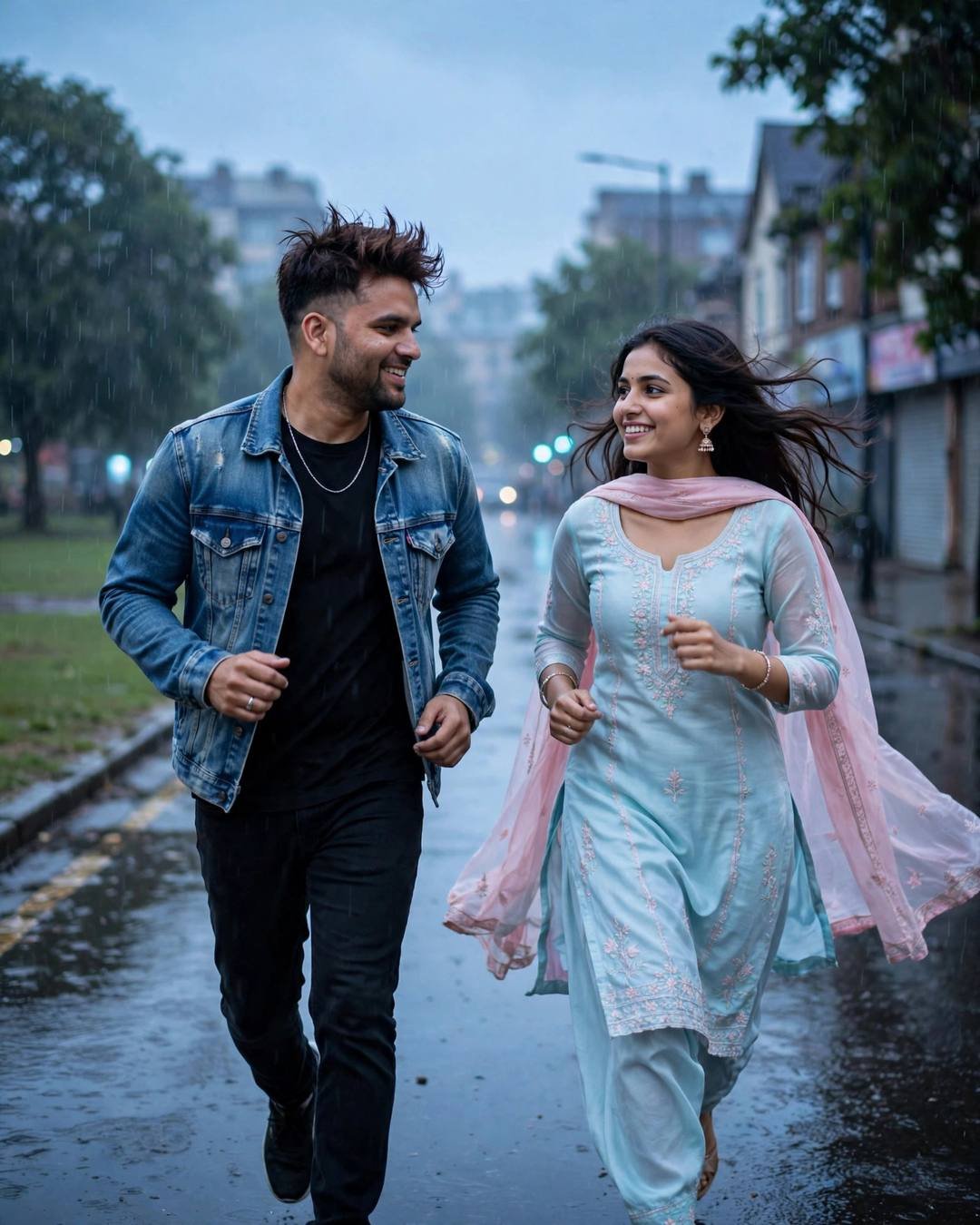 Couple running grinning through a rain-soaked street at blue hour, denim jacket and pastel salwar-kameez with pink dupatta