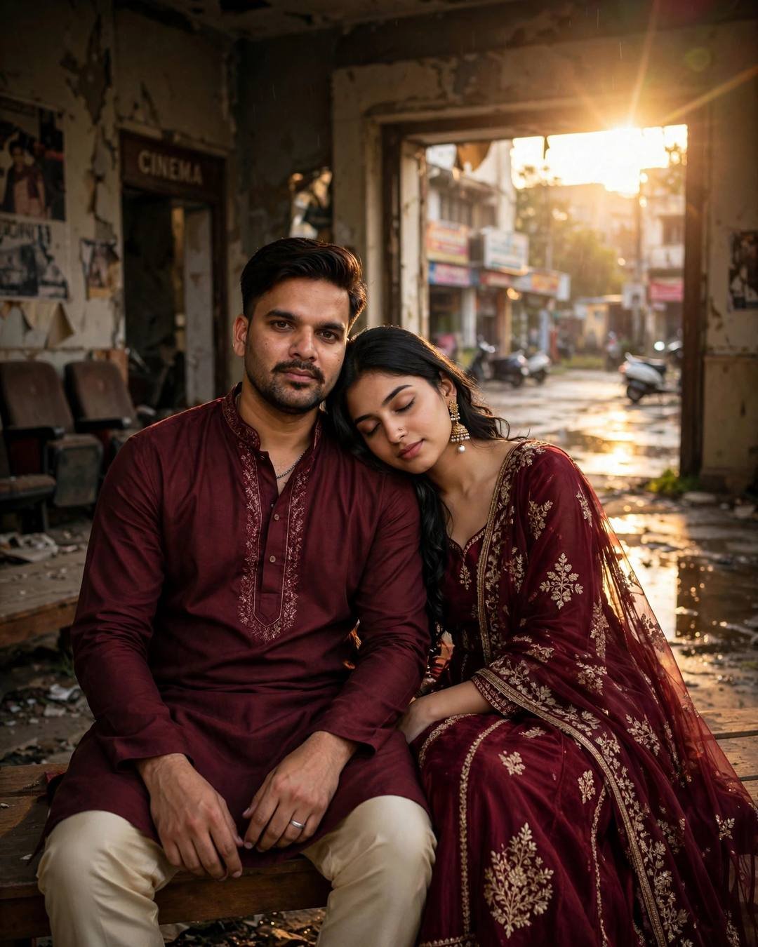 Couple sitting close on a bench in an abandoned cinema archway at golden hour, her head on his shoulder, matching maroon outfits