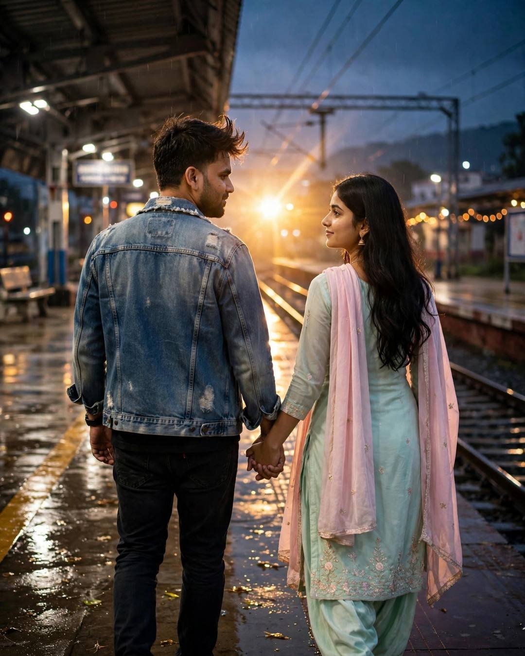 Couple walking hand in hand away from camera on a wet railway platform at golden hour, denim jacket and pastel salwar-kameez