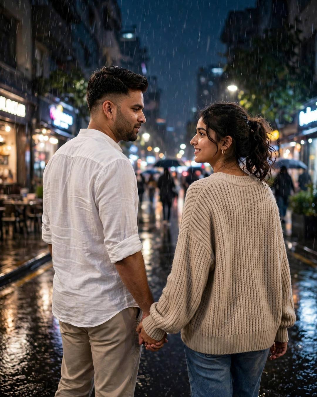Couple walking hand in hand away from camera down a rain-soaked city street at midnight, white linen shirt and beige sweater