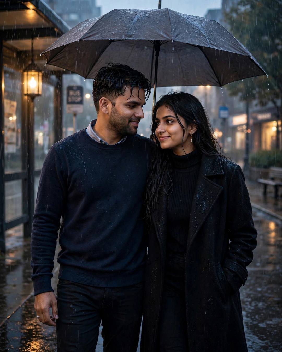 Couple sharing one umbrella at a rainy bus stop at dawn, navy sweater and black coat, shoulders touching