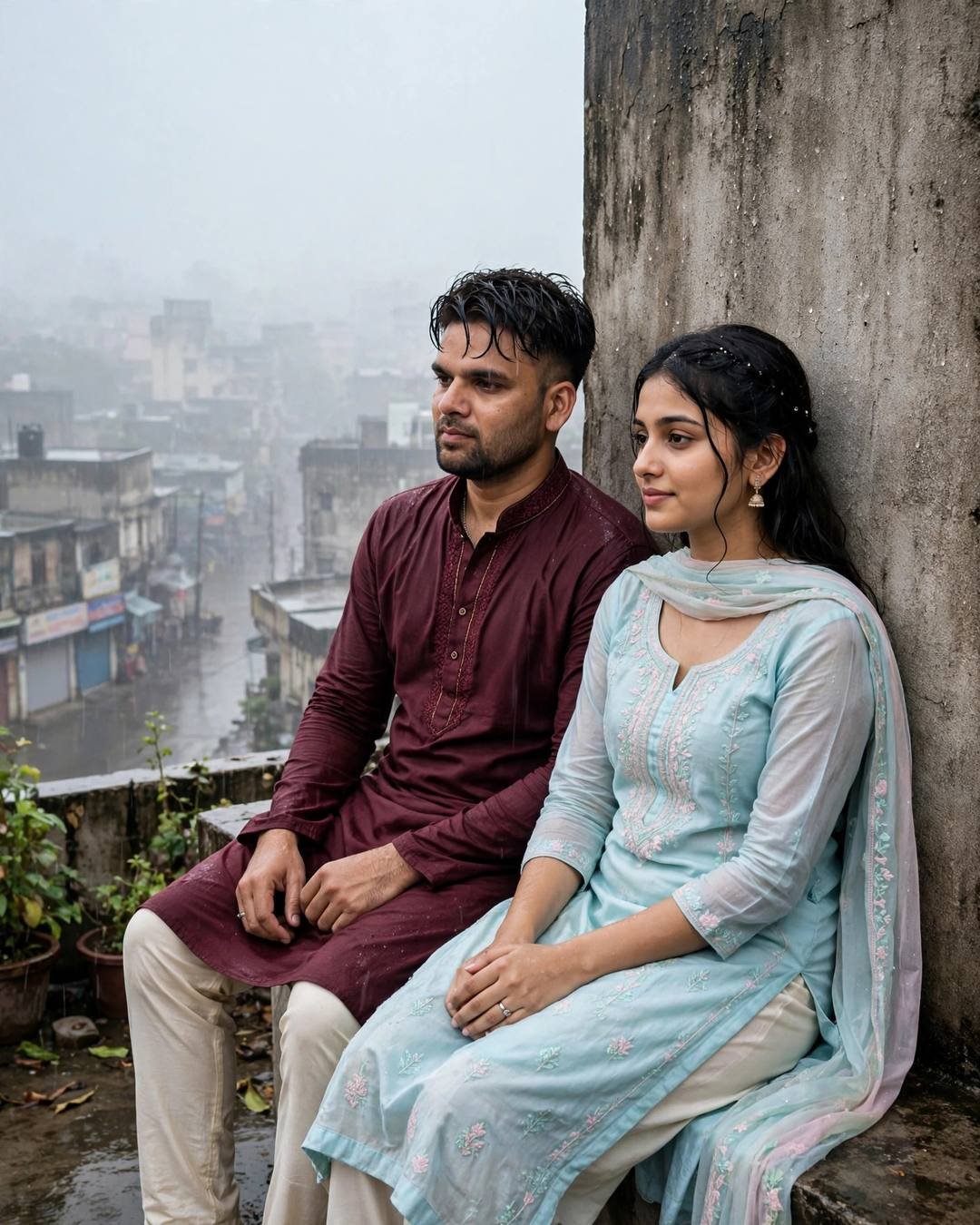 Couple sitting in shared silence on a foggy rooftop, backs against the wall, maroon kurta and pastel salwar-kameez