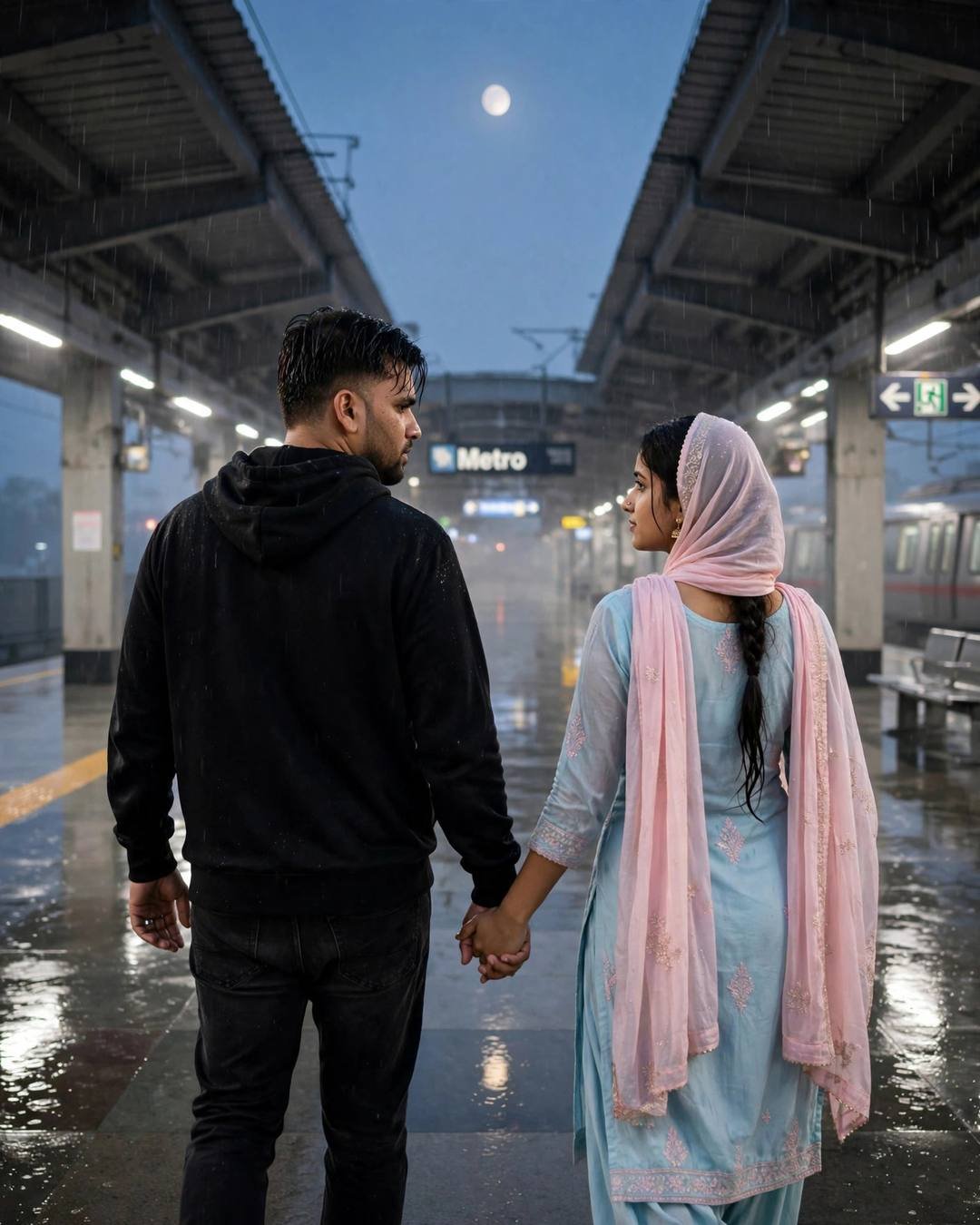 Young Indian couple walking hand in hand into a moonlit metro station