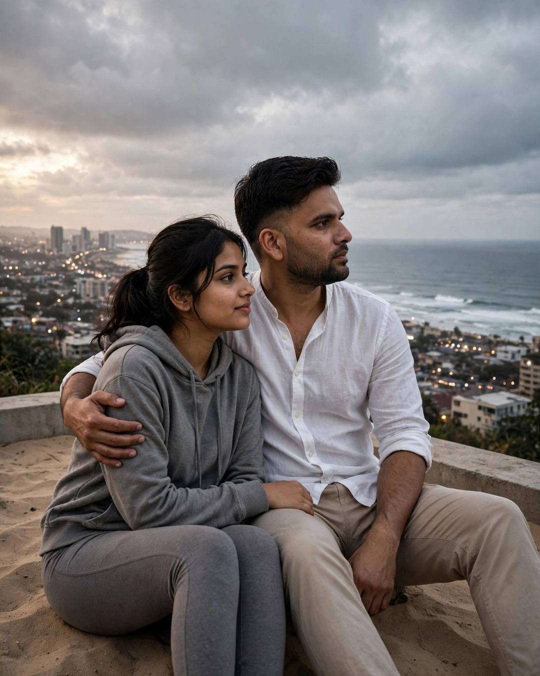 Young Indian couple on a rooftop overlooking city lights and the sea