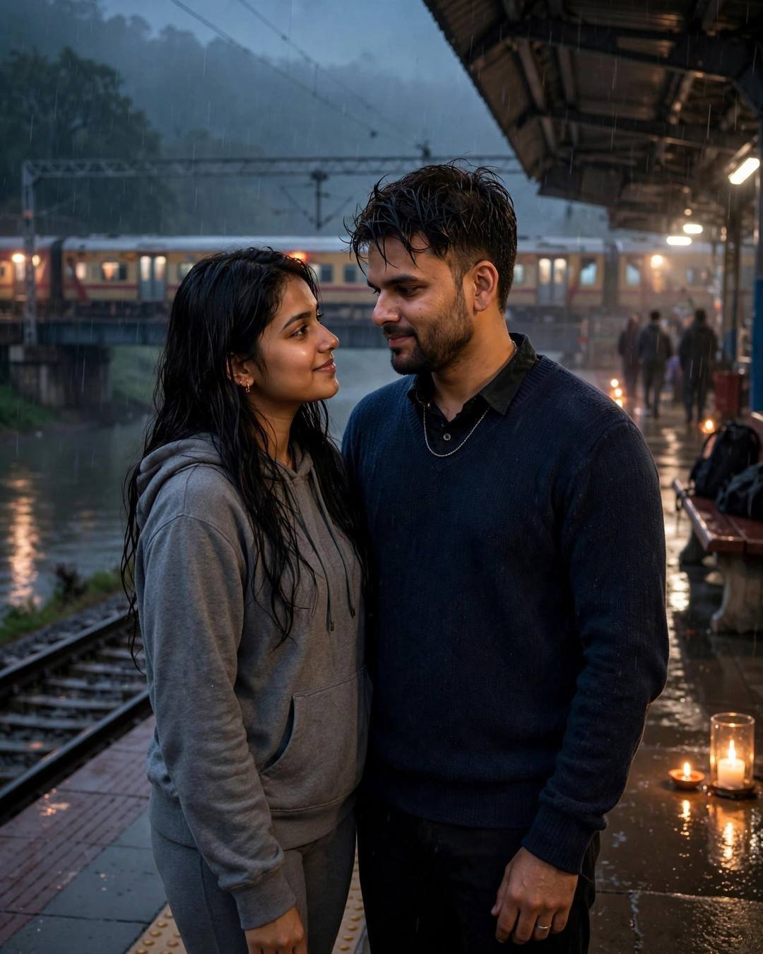 Young Indian couple hugging on a rainy railway platform with train behind