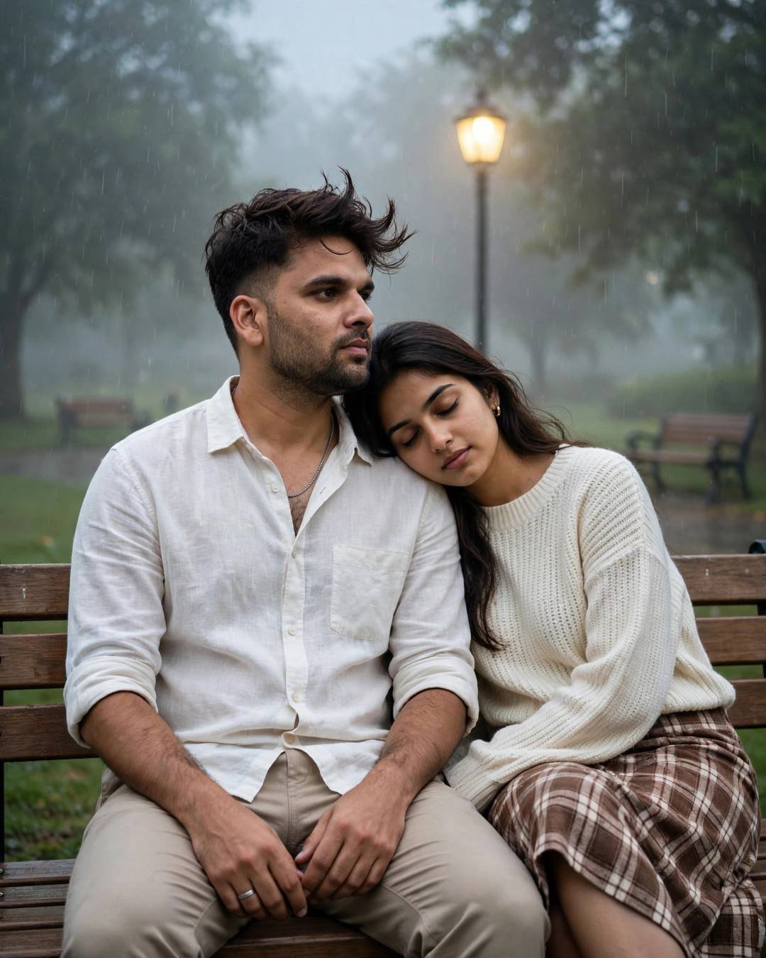 Young Indian couple on a rainy park bench, her head on his shoulder