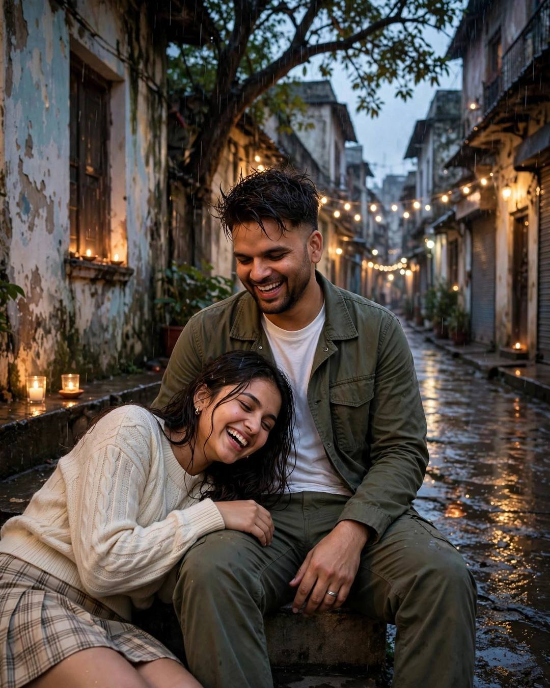 Young Indian couple laughing in a candlelit old-city lane in the rain