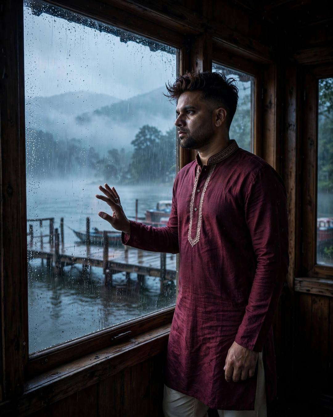 Man in maroon kurta standing at a rain-streaked window overlooking a misty lake pier at dawn