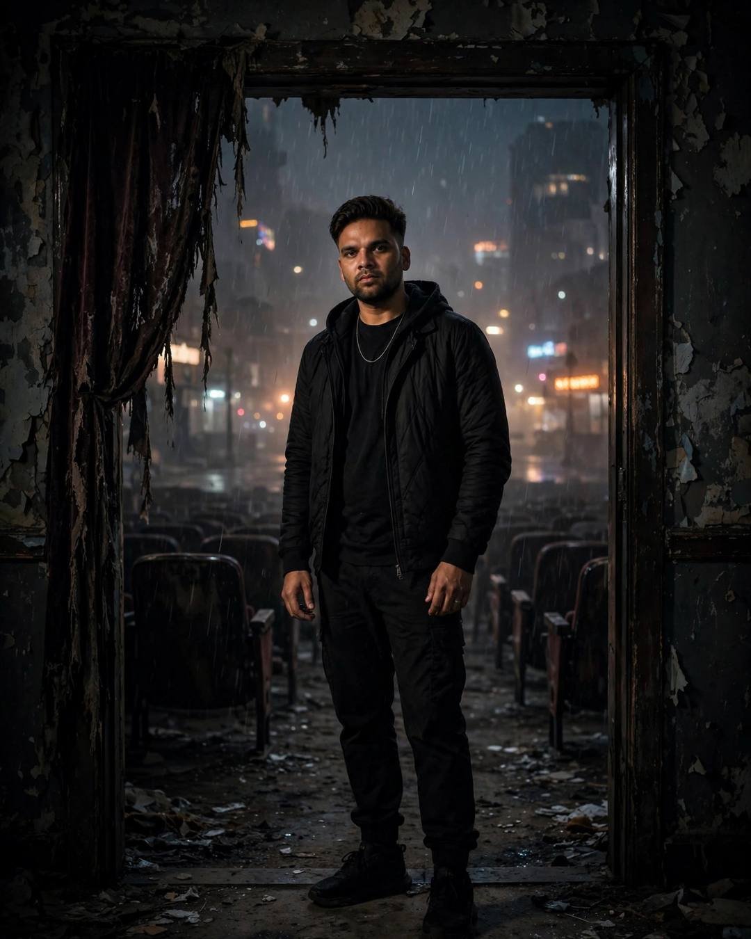 Man in all-black streetwear standing in the doorway of an abandoned cinema hall in fog and rain