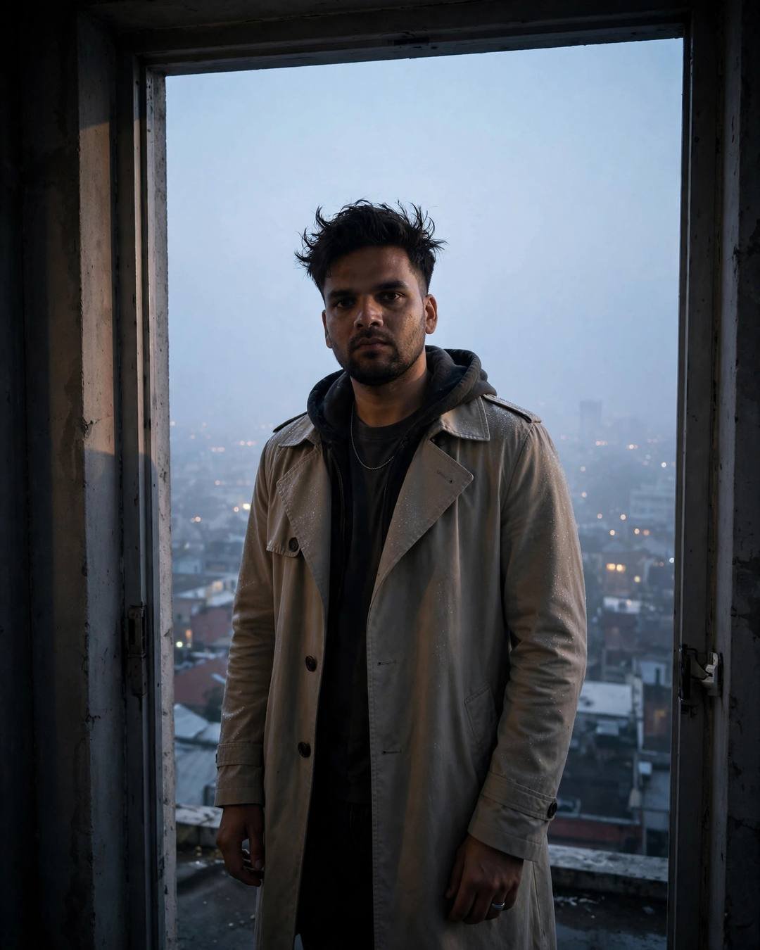 Man in beige trench coat standing in a rooftop doorway overlooking foggy city lights at dawn