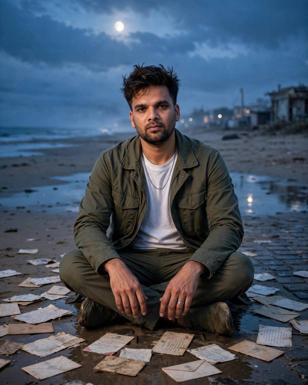 Man in olive field jacket sitting cross-legged among old letters on a moonlit beach at dusk
